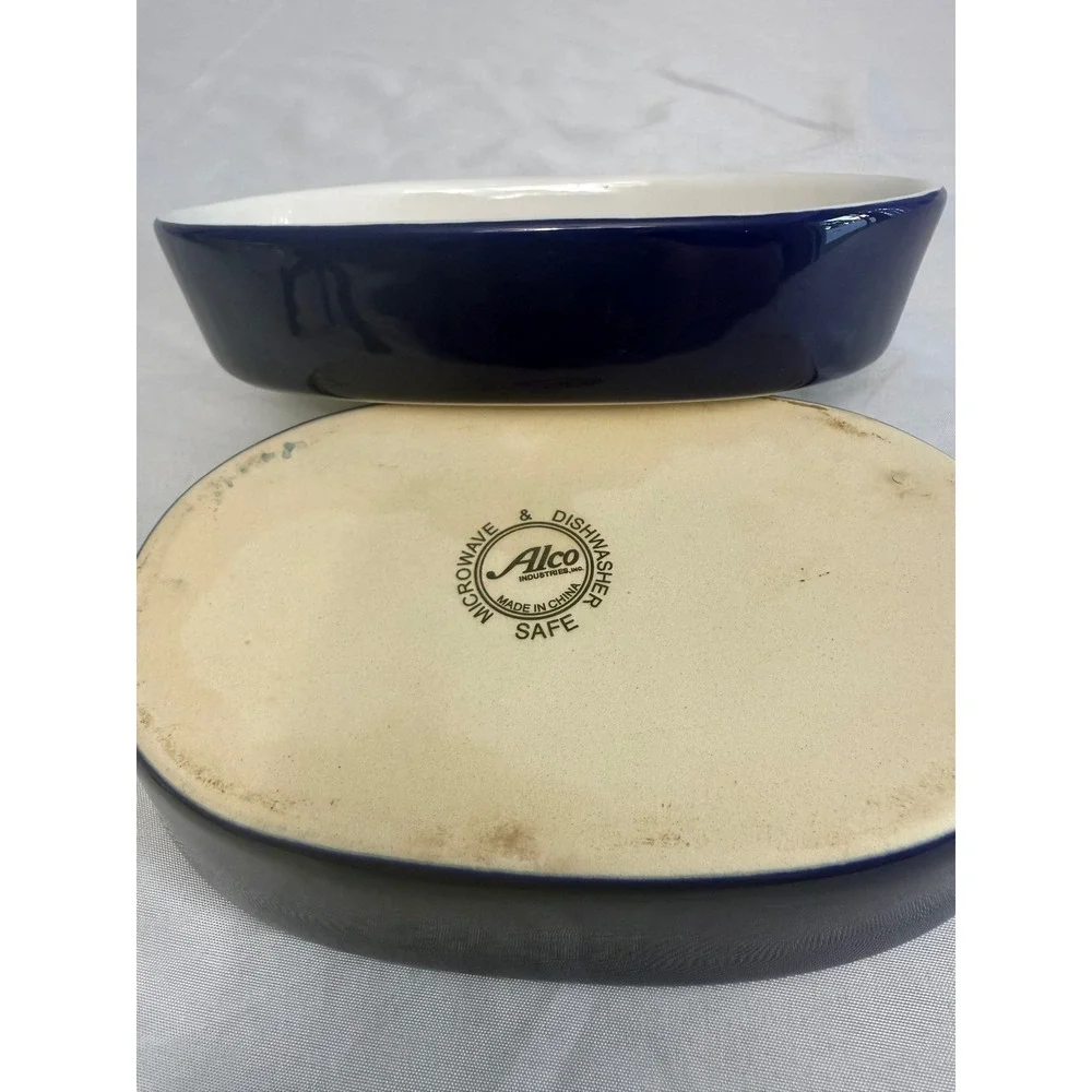 Alco Industries Cobalt Blue Oval Stoneware Baking Dishe Set of 2 Ceramic Ramekin